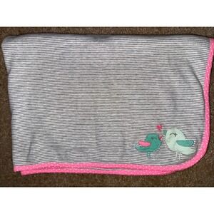 Carter's Gray Stripe Baby Girl Love Heart Birds Cotton Pink Dot Trim Blanket EUC